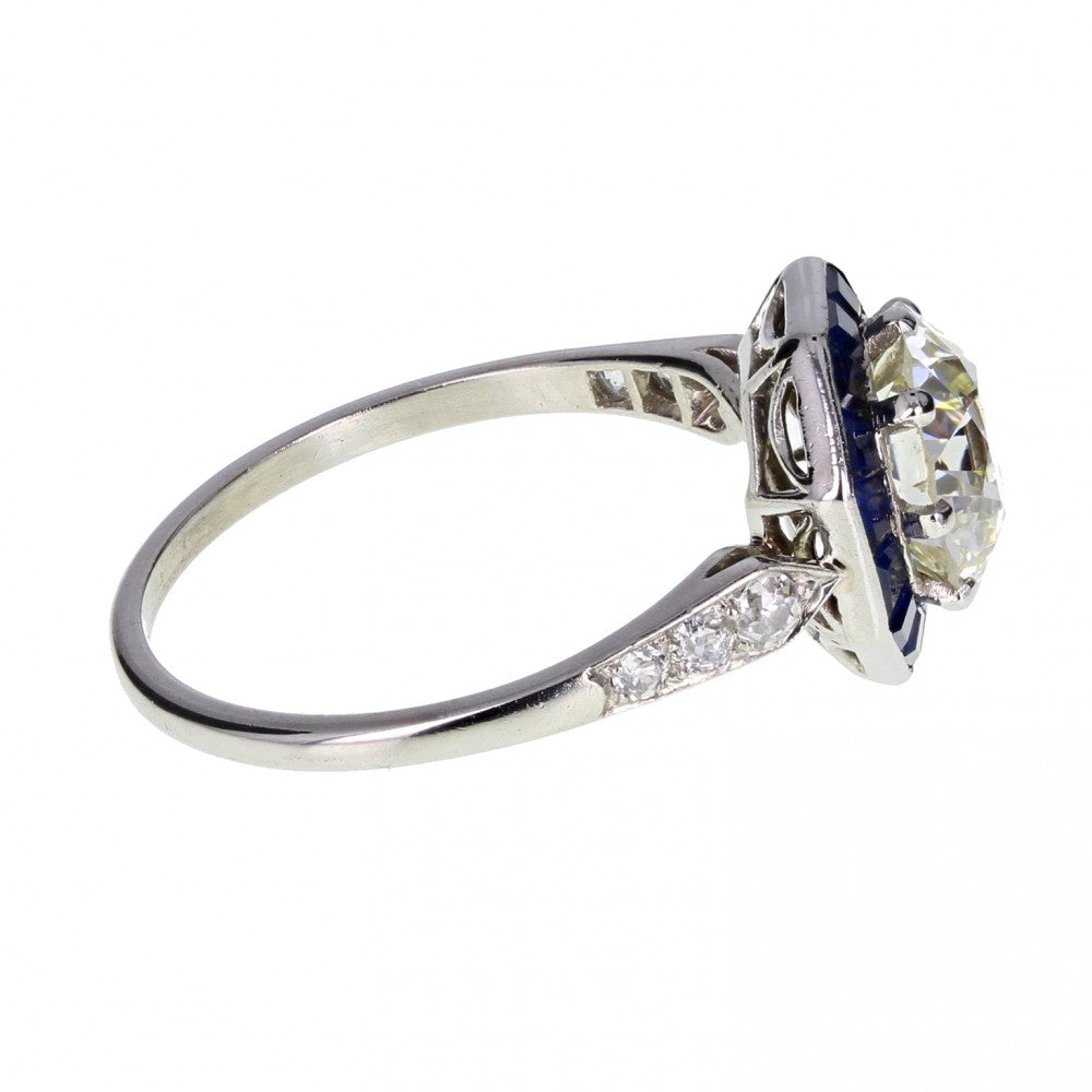 Art Deco Solitaire Diamond and Sapphire Ring