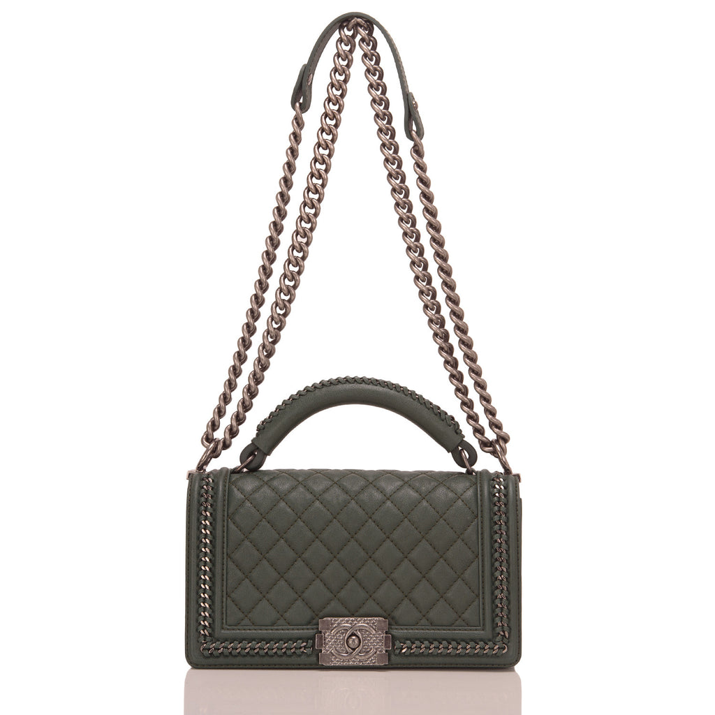 Chanel Paris In Rome Dark Green Quilted Calfskin Medium Boy Bag With Handle
