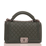 Chanel Paris In Rome Dark Green Quilted Calfskin Medium Boy Bag With Handle