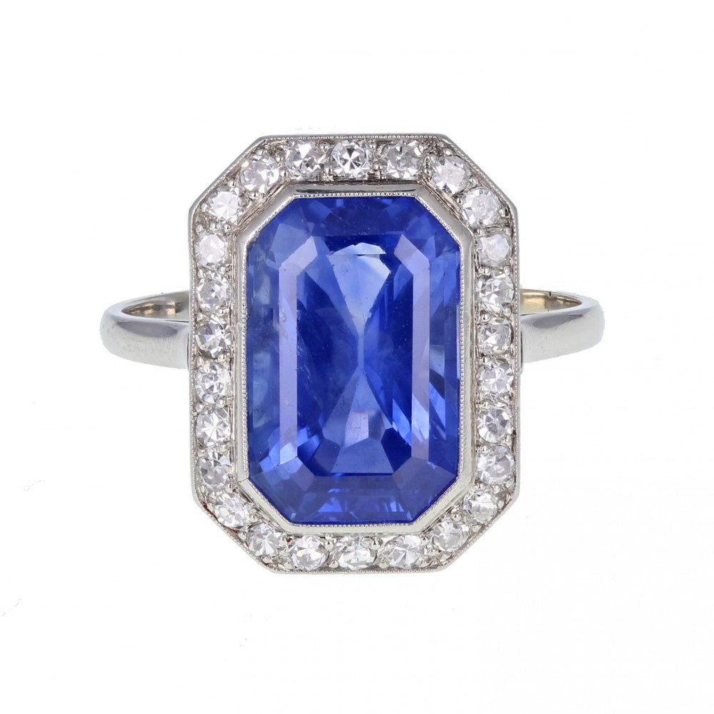 Art Deco Emerald Cut No Heat Sapphire and Diamond Cluster Ring