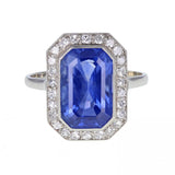 Art Deco Emerald Cut No Heat Sapphire and Diamond Cluster Ring