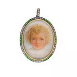Antique Miniature Portrait Emerald Diamond Mourning Pendant