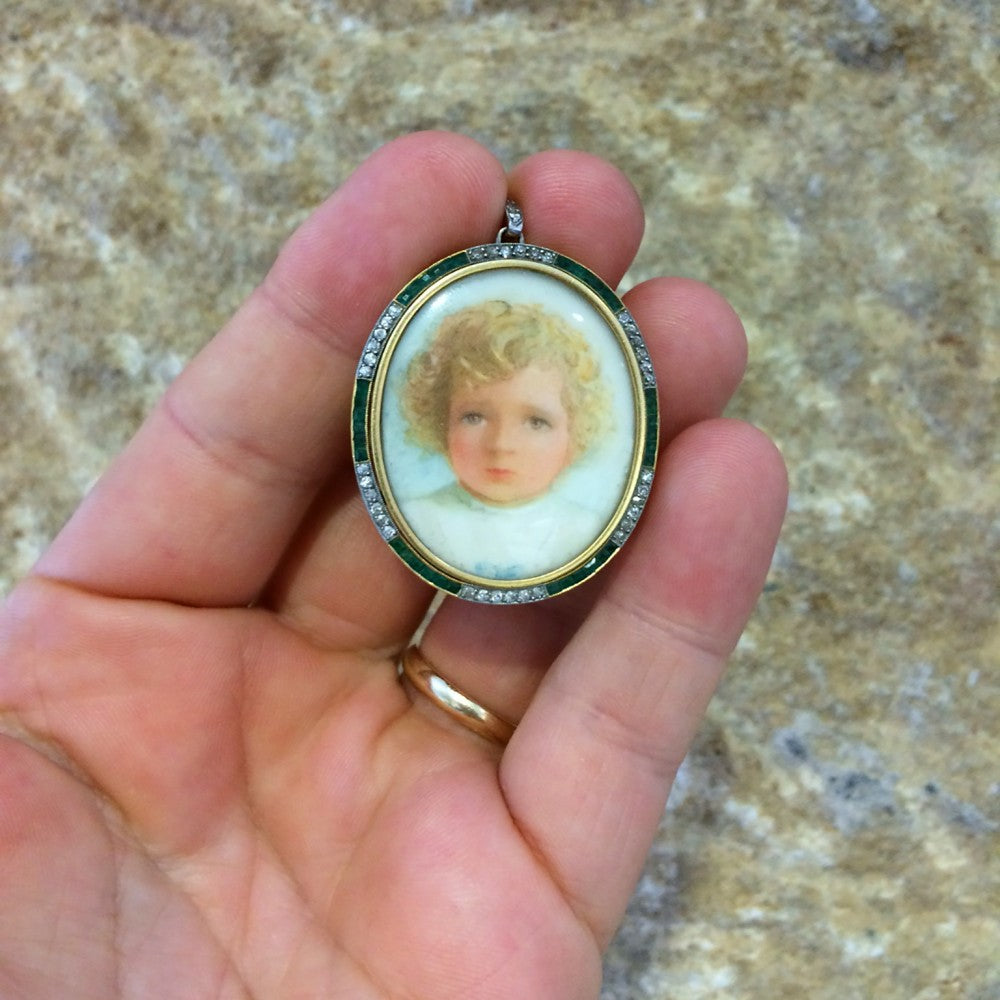 Antique Miniature Portrait Emerald Diamond Mourning Pendant