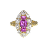 Antique Burma Ruby and Diamond Boat Shaped Cluster Ring