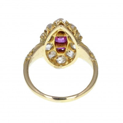 Antique Burma Ruby and Diamond Boat Shaped Cluster Ring