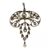 Art Nouveau Diamond Natural Pearl Gold and Platinum Pendant