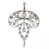Art Nouveau Diamond Natural Pearl Gold and Platinum Pendant