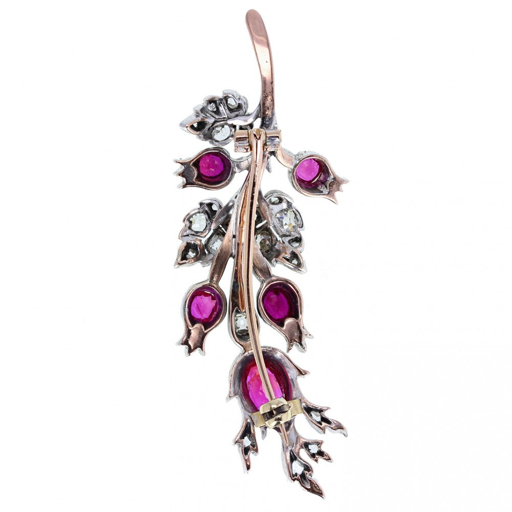 Antique Ruby and Diamond Floral Spray Brooch