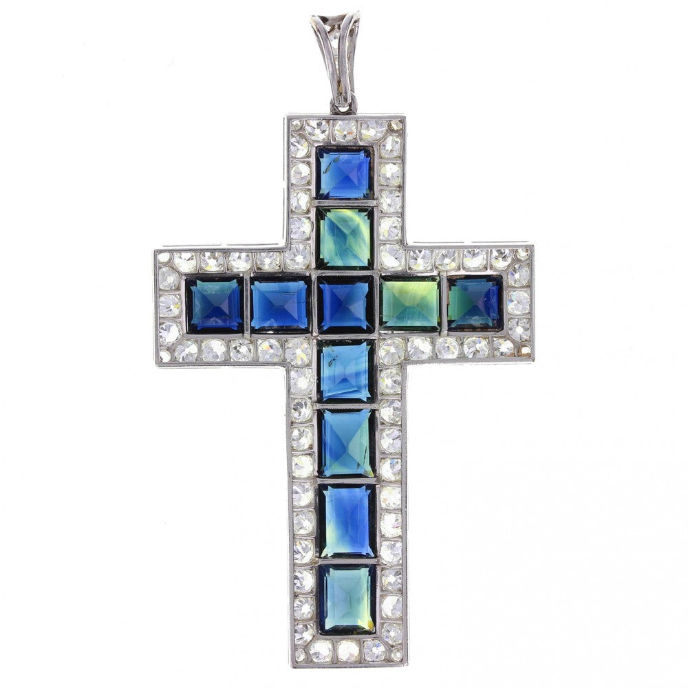 Antique Blue Sapphire and Diamond Cross