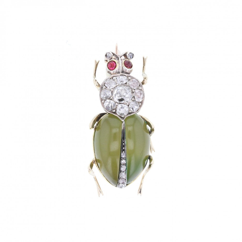 Antique Jade Ruby and Diamond Beetle Brooch