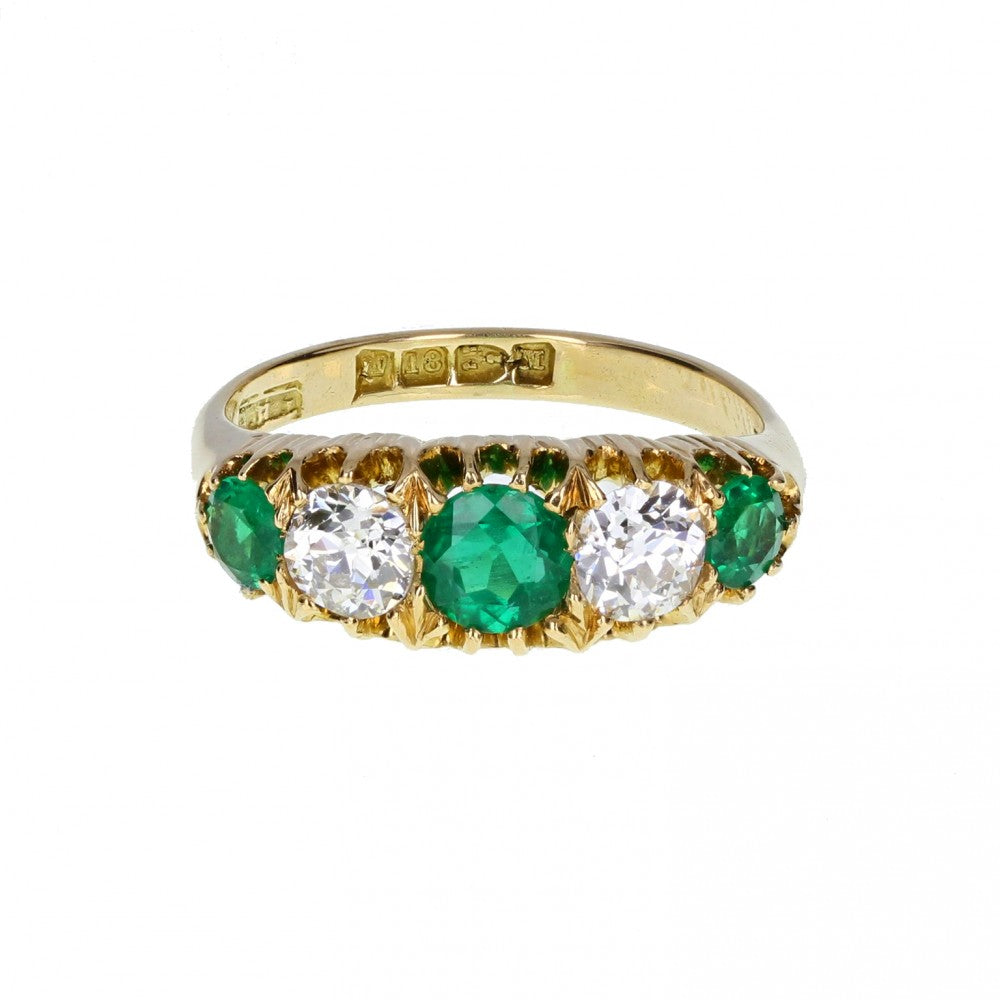 Exceptional Quality Victorian Emerald and Diamond Five Stone Ring