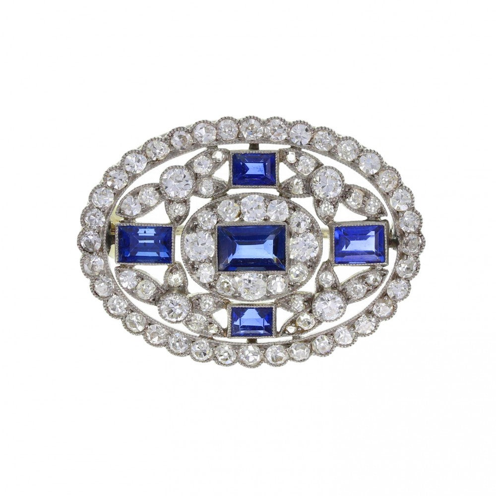 Edwardian Blue Sapphire and Diamond Oval Brooch