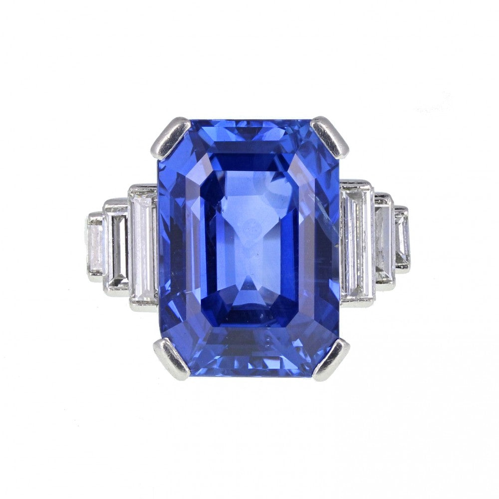 Art Deco Emerald Cut Ceylon No Heat Sapphire and Diamond Ring