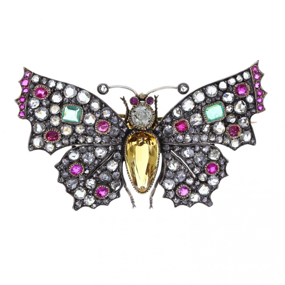 Late Victorian Topaz, Emerald, Ruby and Diamond Butterfly Brooch