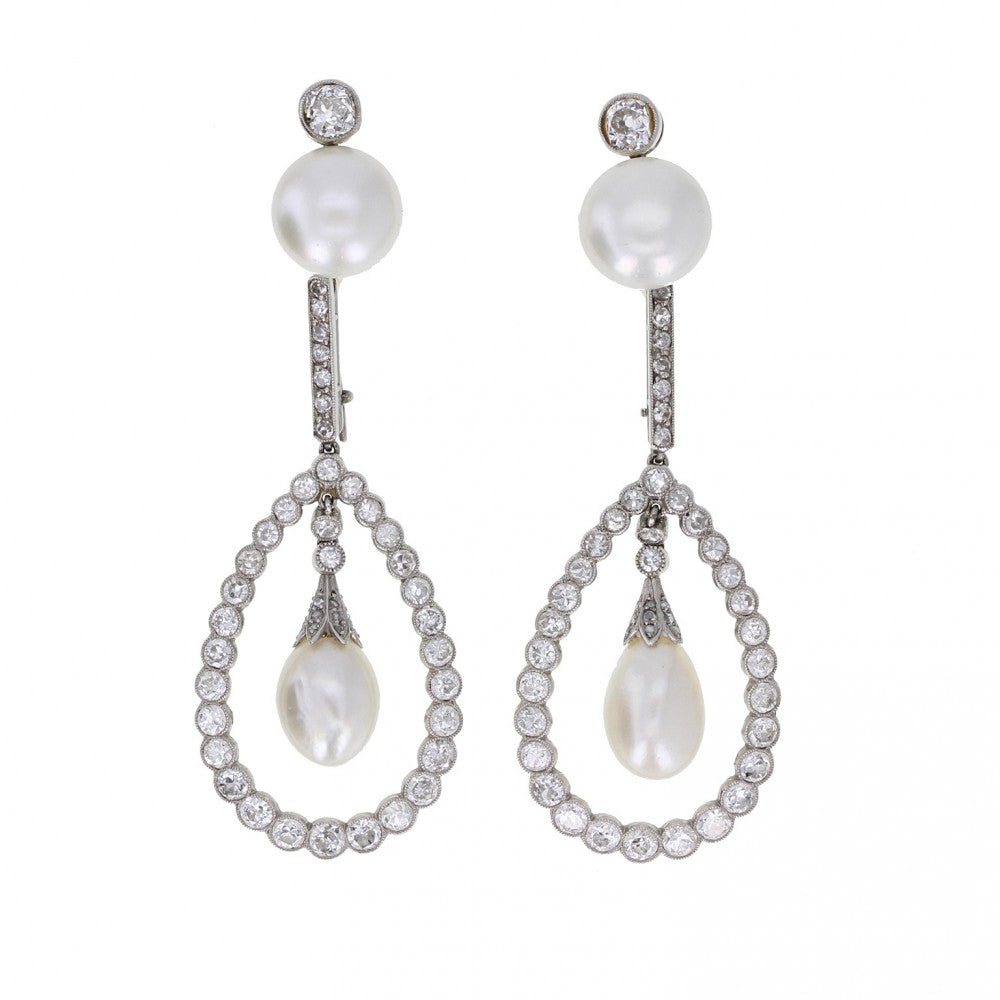 Antique Natural Pearl Diamond Drop Earrings