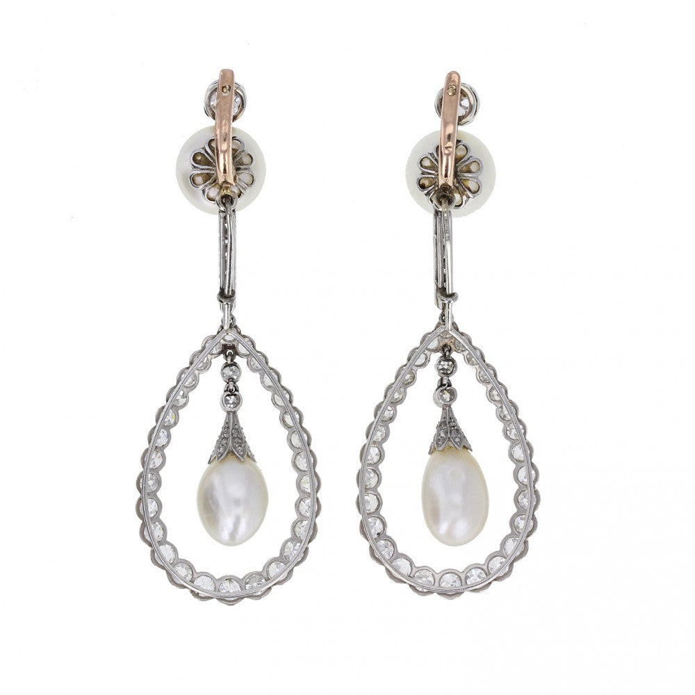 Antique Natural Pearl Diamond Drop Earrings