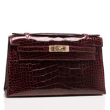 Hermes Bordeaux Shiny Alligator Mini Kelly Pochette