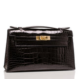 Hermes Black Shiny Alligator Mini Kelly Pochette