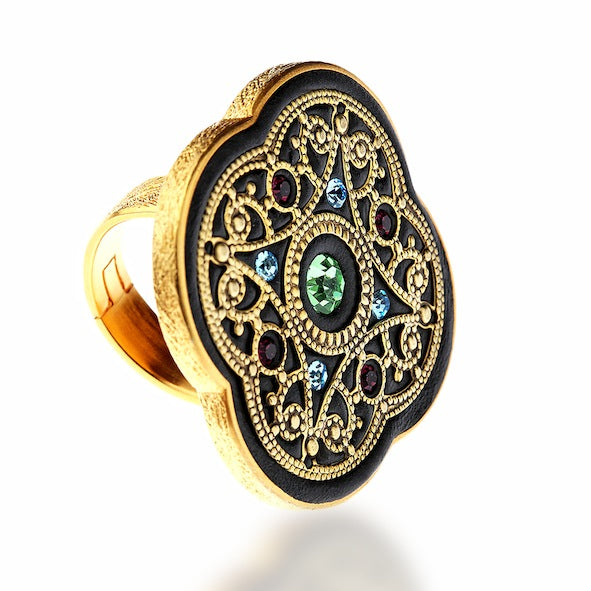 Black Byzantine-Style Cocktail Ring in 18kt Gold Vermeil With Swarovski crystals