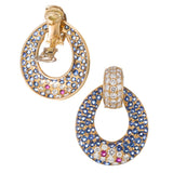 CONTEMPORARY SAPPHIRE, RUBY AND DIAMOND DROP EARRINGS