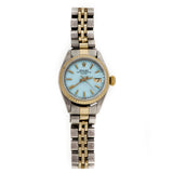 Ladies Gold & Steel Rolex Date 6916 Custom Color Turquoise Blue Dial Wrist Watch