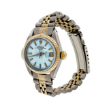 Ladies Gold & Steel Rolex Date 6916 Custom Color Turquoise Blue Dial Wrist Watch