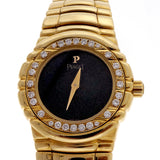Estate Ladies Piaget 18k Yellow Gold Watch Diamond Bezel Black Dial