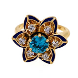 1950 Vintage black Enamel .95ct Blue Zircon Diamond Gemco 14k Flower Ring