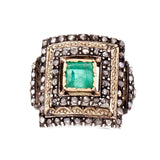 Antique 1850 Natural Emerald Rose Cut Diamond Ring Rink Gold Silver