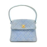 Chanel Light Blue Quilted Suede Leather Flap Hand Bag