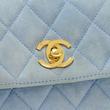 Chanel Light Blue Quilted Suede Leather Flap Hand Bag