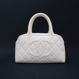 Chanel Mini Boston White Quilted Caviar Leather Hand Bag