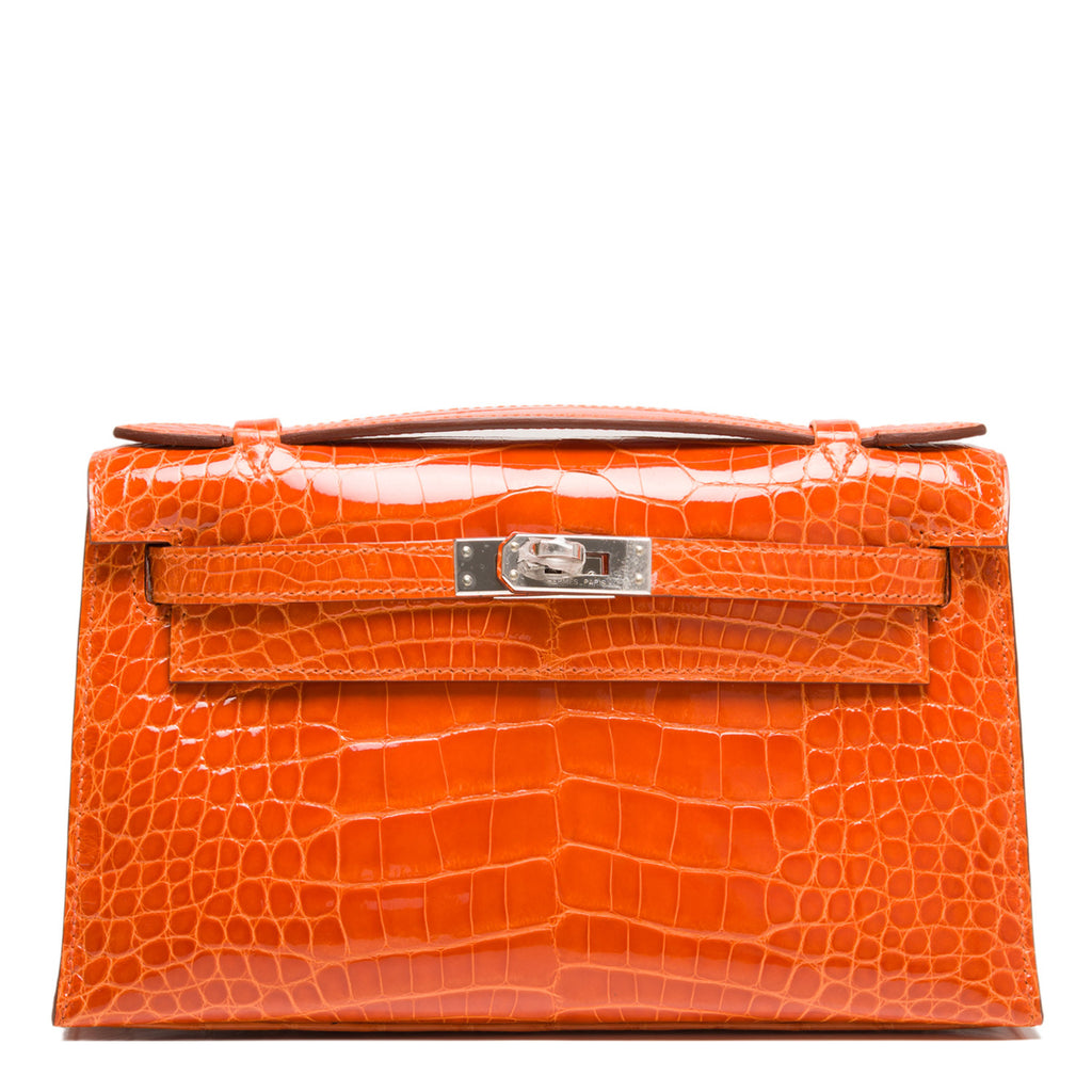 Hermes Orange H Shiny Alligator Mini Kelly Pochette