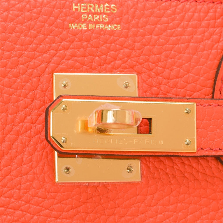 Hermes Orange Poppy Clemence Birkin 30cm Gold Hardware