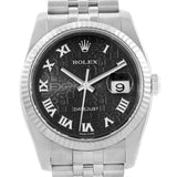 Rolex Datejust Mens Steel 18K White Gold Black Roman Dial Watch 116234