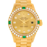 Rolex President Datejust 18K Yellow Gold Diamonds Emeralds Watch 69078