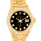 Rolex President Datejust Ladies Yellow Gold Black Diamond Watch 69178