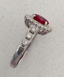 1.67 carat UNHEATED Pigeon blood red Ruby and Diamond ring.