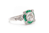 Art Deco Diamond and French Cut Emerald Engagement Ring in Platinum