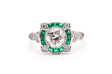 Art Deco Diamond and French Cut Emerald Engagement Ring in Platinum