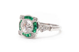 Art Deco Diamond and French Cut Emerald Engagement Ring in Platinum