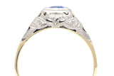 Art Deco Hand Engraved Sapphire Mens Ring in White and Yellow Gold