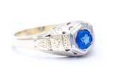 Art Deco Hand Engraved Sapphire Mens Ring in White and Yellow Gold