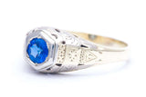 Art Deco Hand Engraved Sapphire Mens Ring in White and Yellow Gold