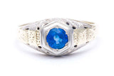 Art Deco Hand Engraved Sapphire Mens Ring in White and Yellow Gold