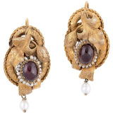 Pair of Gold Cabochon Garnets and Seed Pearls Victorian Earrings