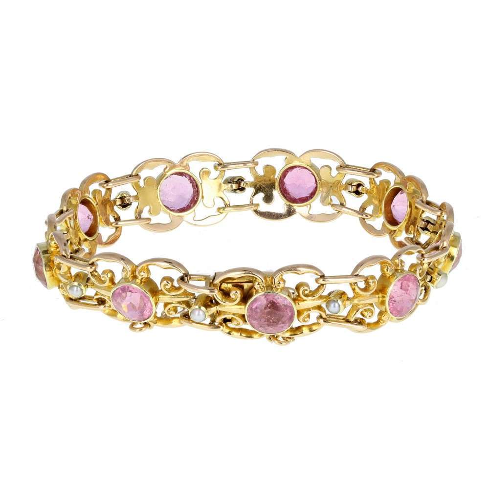 Antique Victorian Pink Tourmaline and Pearl 15ct Gold Bracelet