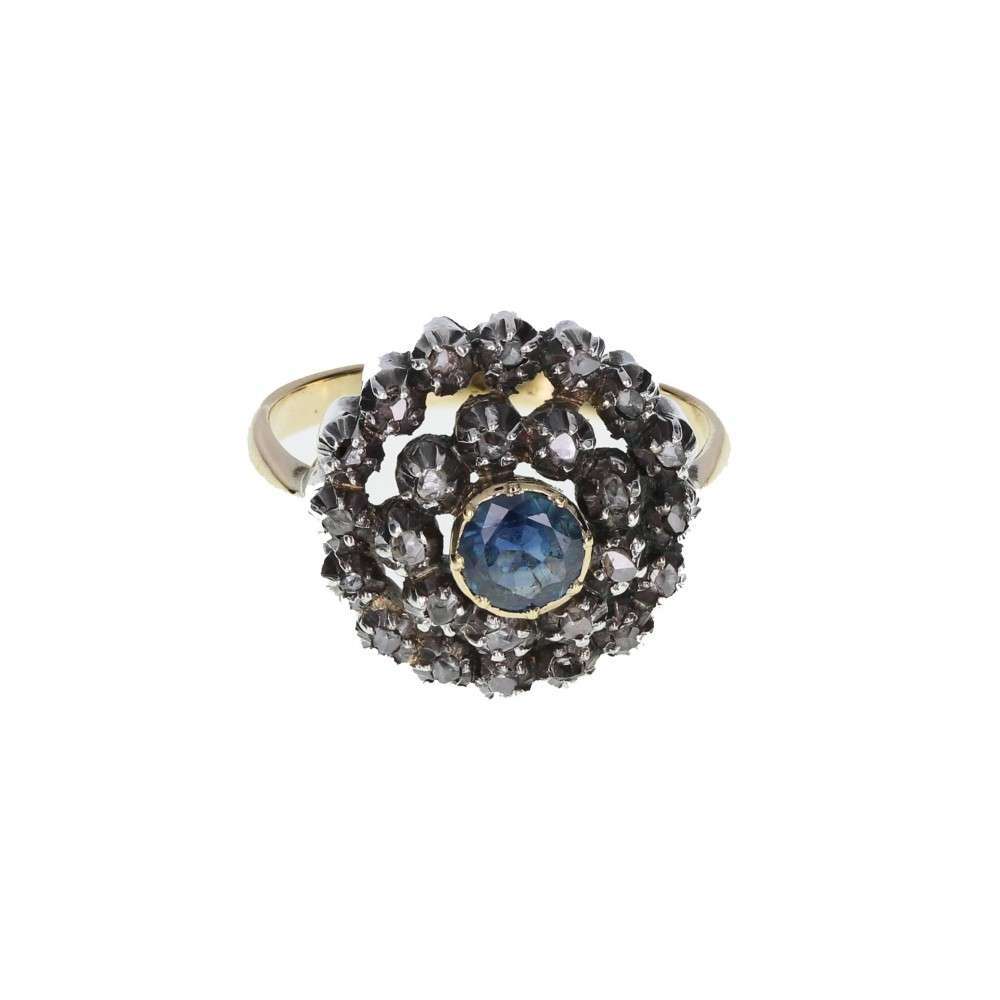 Antique Sapphire and Diamond Double Row Cluster Ring
