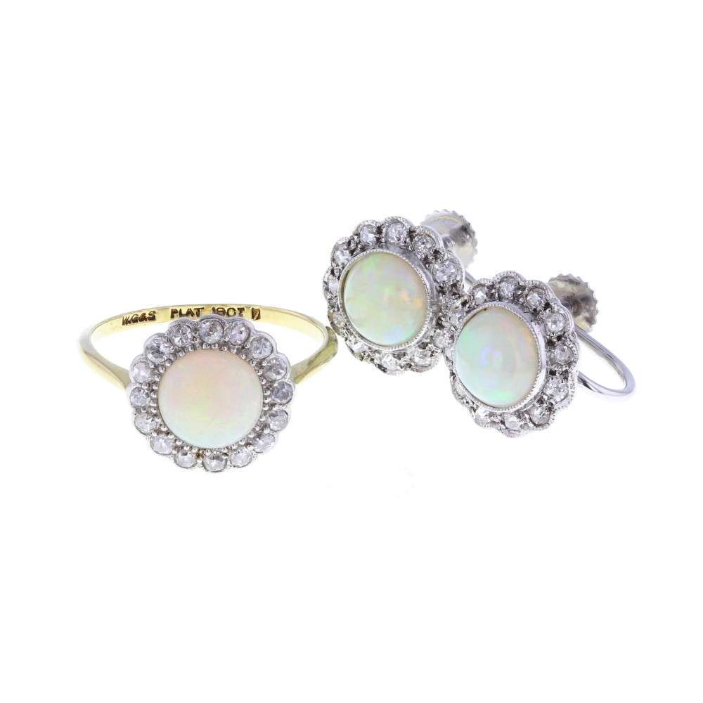 Antique Opal and Diamond Ring and Earrings