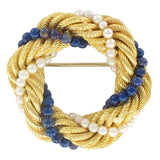 Twisted gold brooch cultured pearls and lapis lazuli